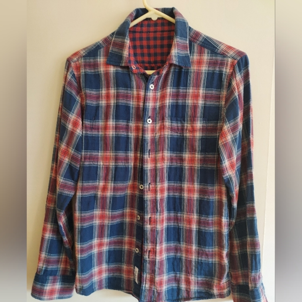 Men's Reversible Plaid Button-Up Shirt - Red and Blue. 2 ways to wear!!